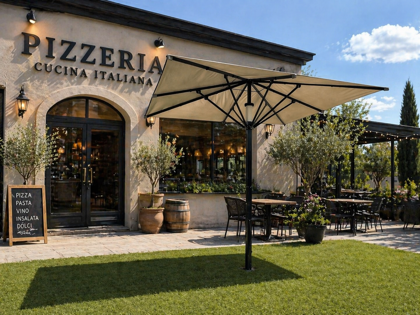 Kronenschirm vor Pizzeria mit Sitzplätzen
